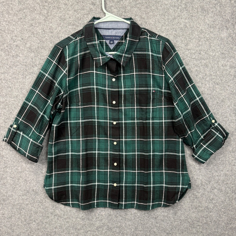 Tommy Hilfiger Womens Plaid Button Down Shirt Green Black 3/4 L